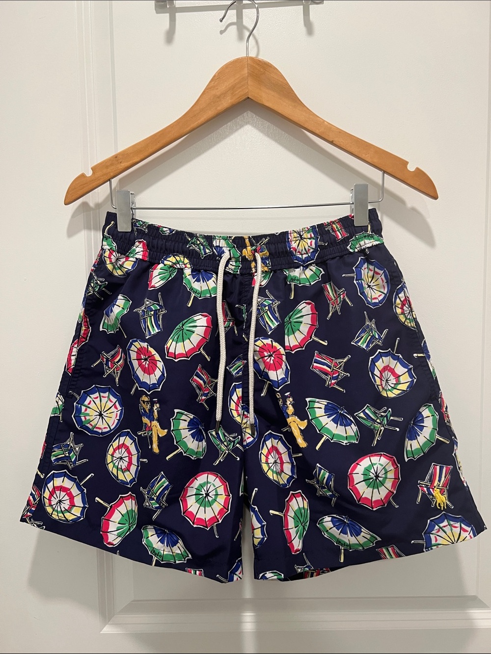 Ralph Lauren Polo Bear Swim Trunk Navy, Yellow horse, Men’s Size Small, Like New